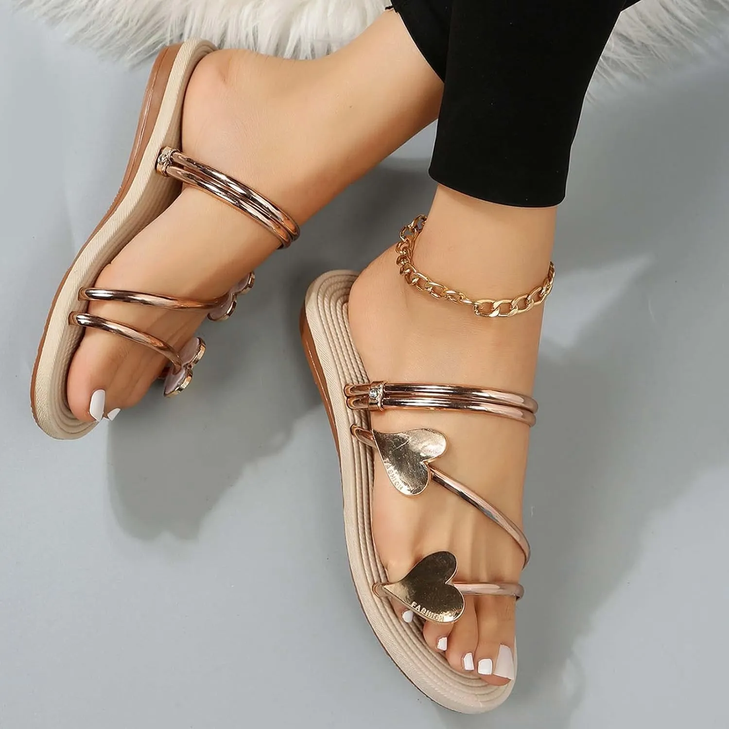 2025 Hot Slingback Flat Sandals for Women Butterfly/Heart Slides Clip Toe Metallic Beach Flip Flops with Ankle Strap