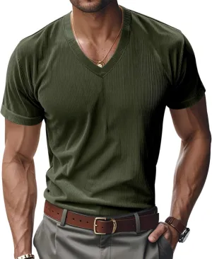 2025 Summer Short Sleeve T-Shirts for Men V Neck Corduroy Shirts Ribbed Knit Blouses Casual Business Tops