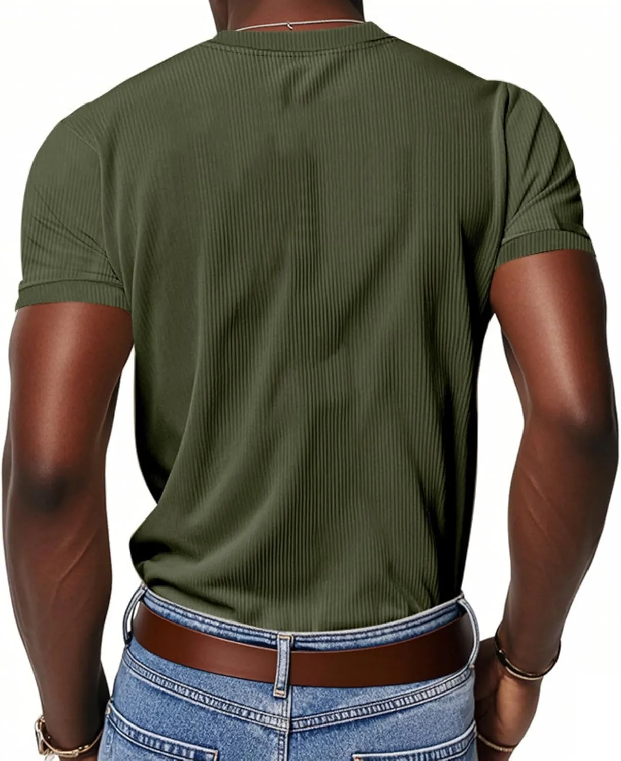 2025 Summer Short Sleeve T-Shirts for Men V Neck Corduroy Shirts Ribbed Knit Blouses Casual Business Tops