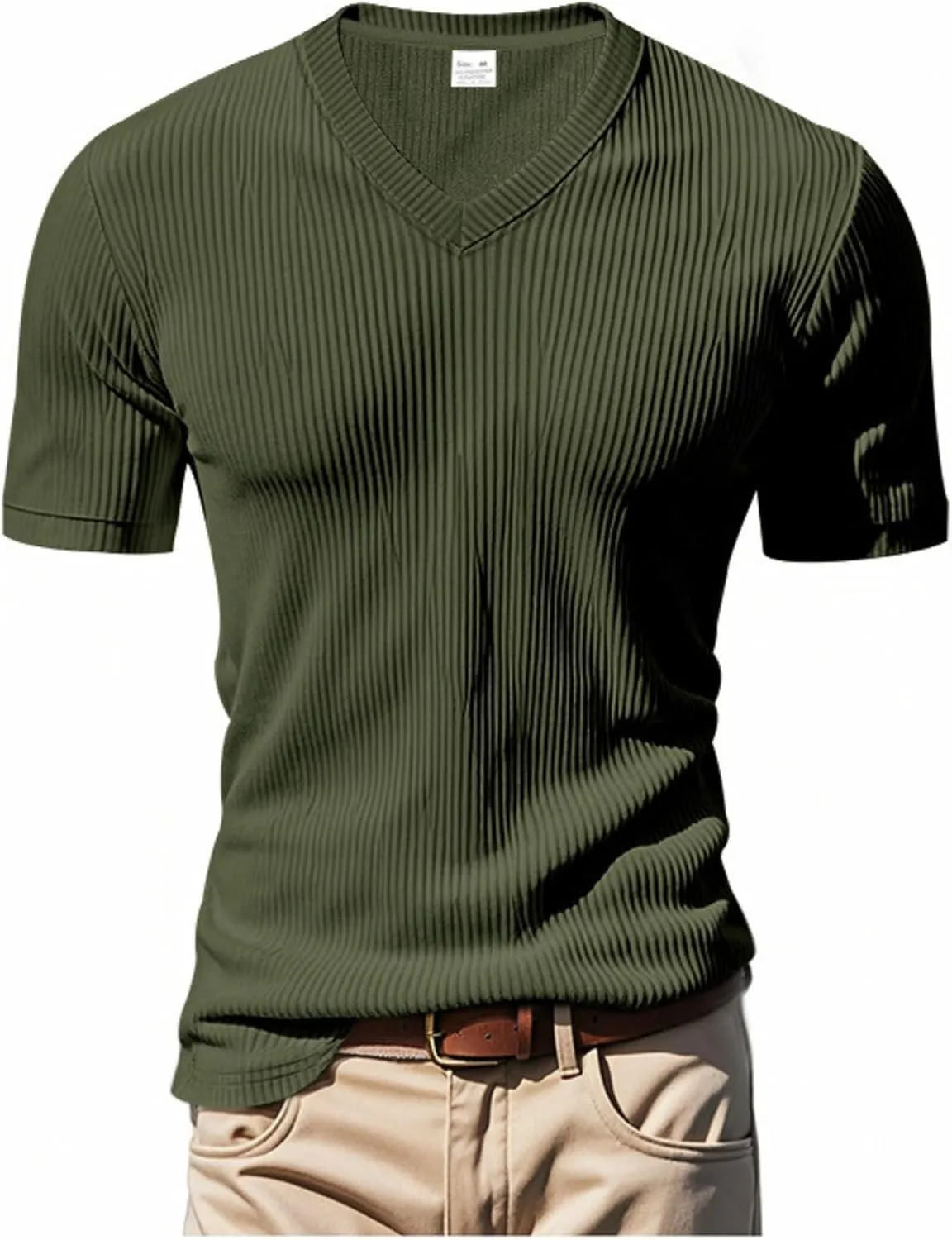 2025 Summer Short Sleeve T-Shirts for Men V Neck Corduroy Shirts Ribbed Knit Blouses Casual Business Tops