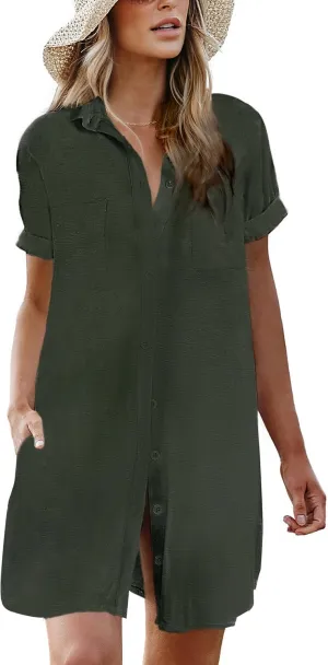 AI'MAGE Womens Bathing Suit Cover Ups Summer Shirt Dress Casual Short Sleeve Button Down Beach Shirts with Pockets S-XXL