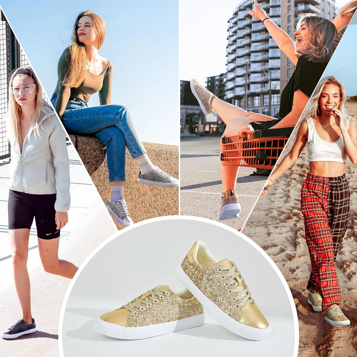 AISFAES Glitter Sneakers Sparkly Low Top Sequins Sneakers Lace Up Tennis Shoes Comfort Bling Shoes Fashion Shiny Walking Shoes