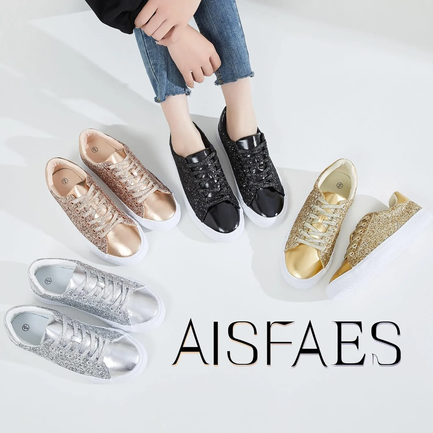 AISFAES Glitter Sneakers Sparkly Low Top Sequins Sneakers Lace Up Tennis Shoes Comfort Bling Shoes Fashion Shiny Walking Shoes
