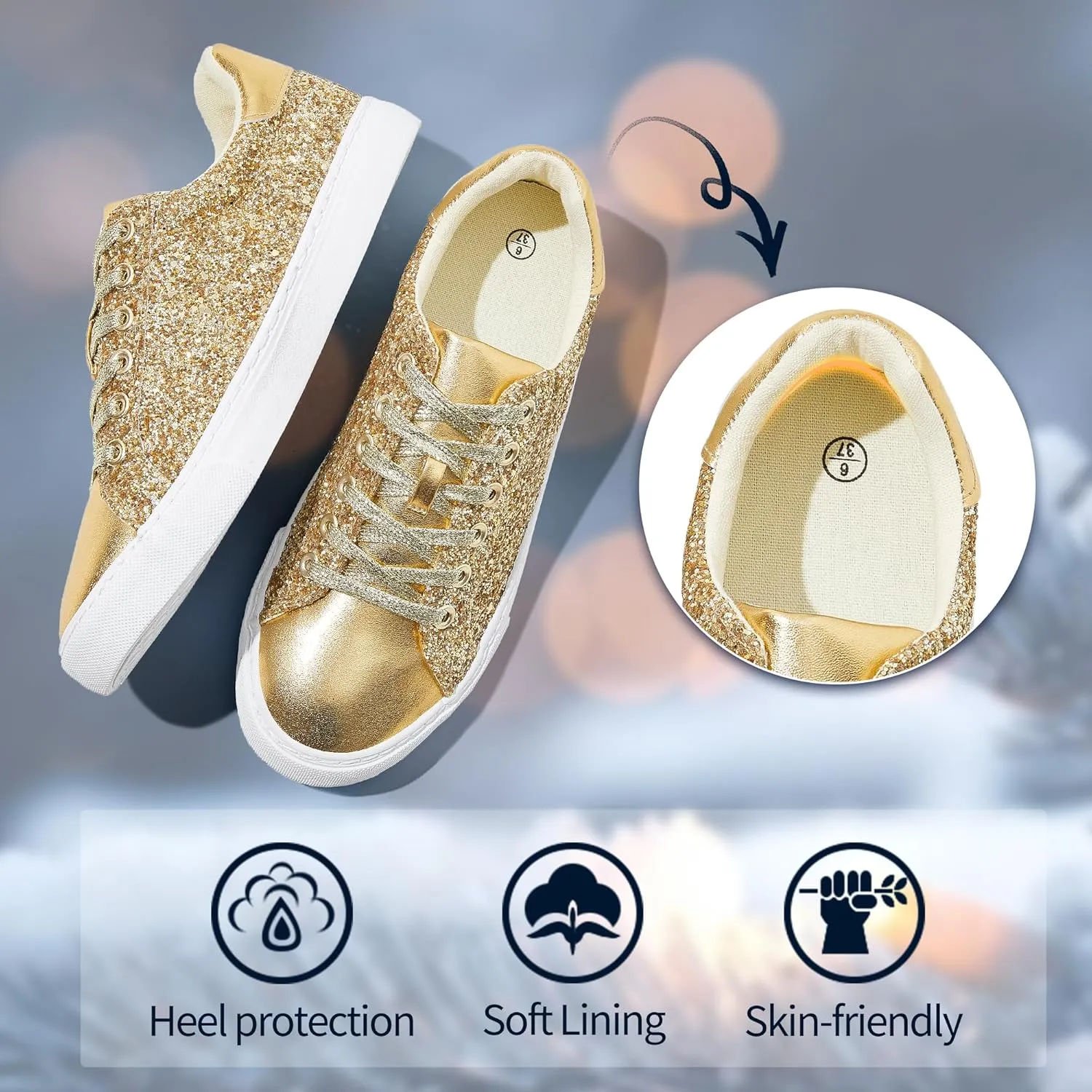 AISFAES Glitter Sneakers Sparkly Low Top Sequins Sneakers Lace Up Tennis Shoes Comfort Bling Shoes Fashion Shiny Walking Shoes