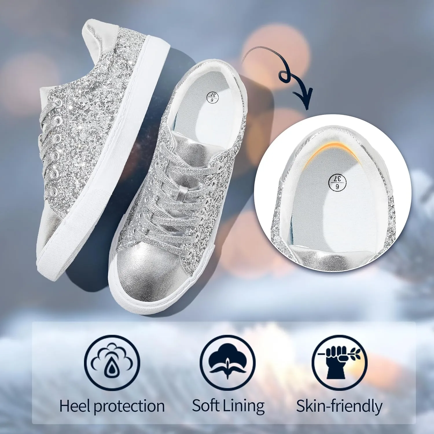 AISFAES Glitter Sneakers Sparkly Low Top Sequins Sneakers Lace Up Tennis Shoes Comfort Bling Shoes Fashion Shiny Walking Shoes