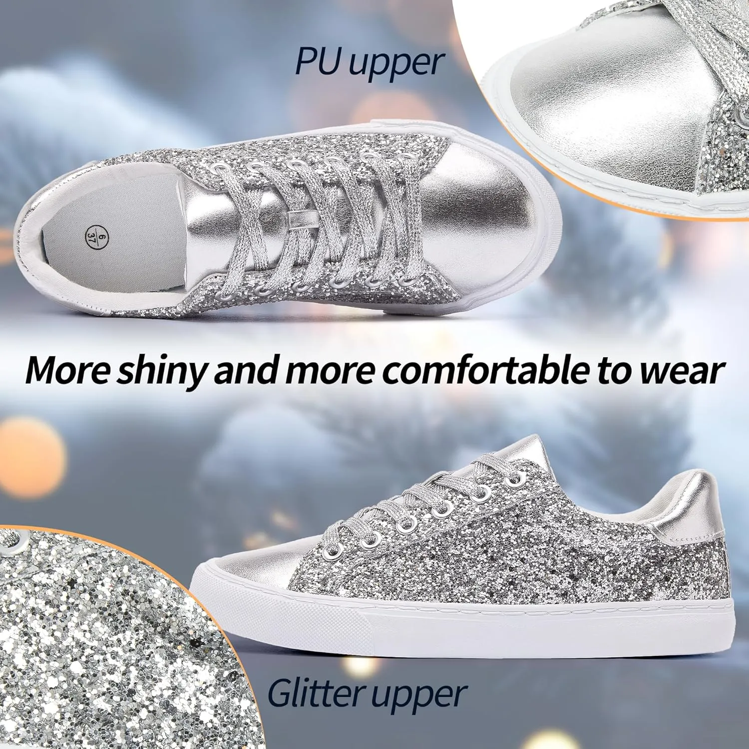 AISFAES Glitter Sneakers Sparkly Low Top Sequins Sneakers Lace Up Tennis Shoes Comfort Bling Shoes Fashion Shiny Walking Shoes
