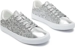 AISFAES Glitter Sneakers Sparkly Low Top Sequins Sneakers Lace Up Tennis Shoes Comfort Bling Shoes Fashion Shiny Walking Shoes