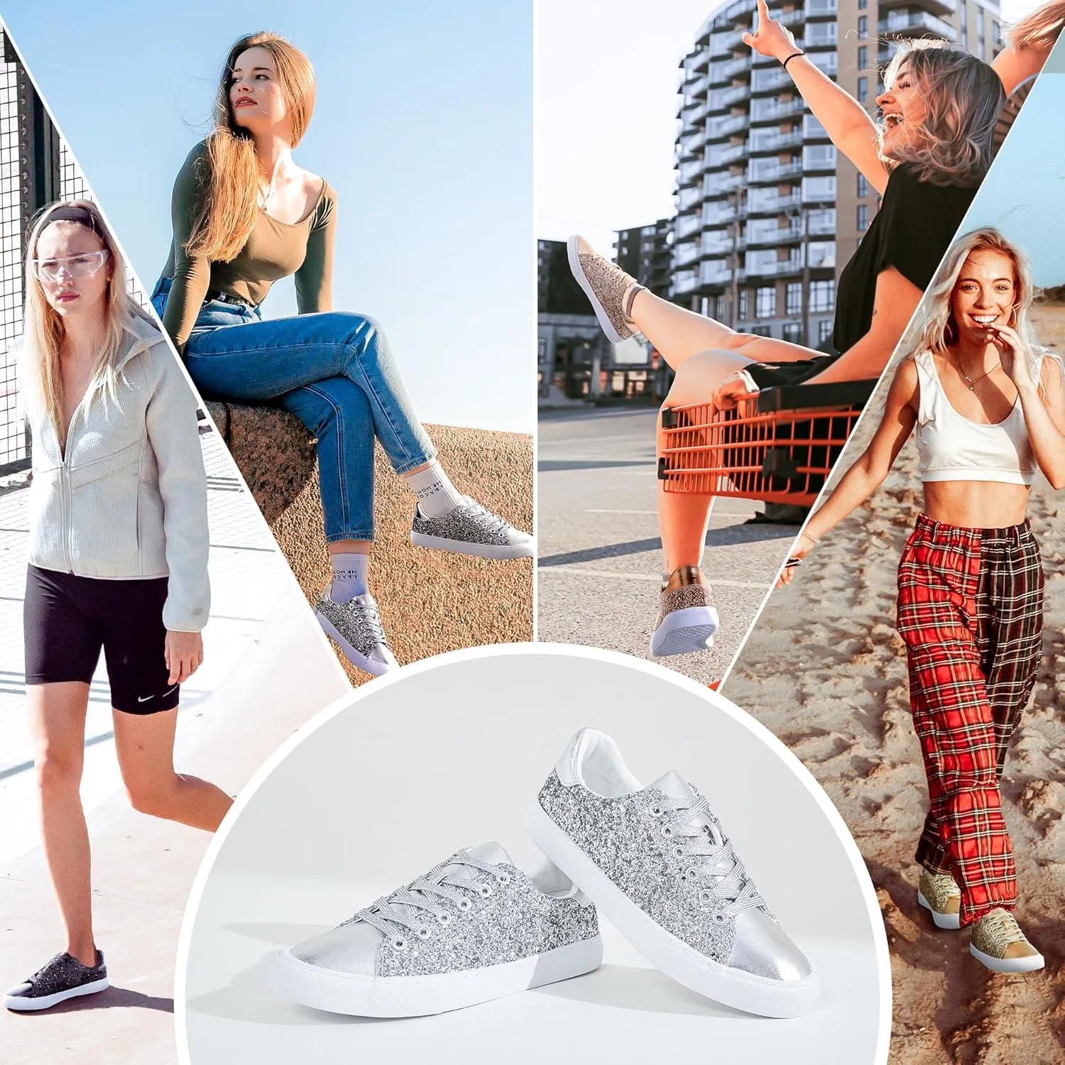 AISFAES Glitter Sneakers Sparkly Low Top Sequins Sneakers Lace Up Tennis Shoes Comfort Bling Shoes Fashion Shiny Walking Shoes