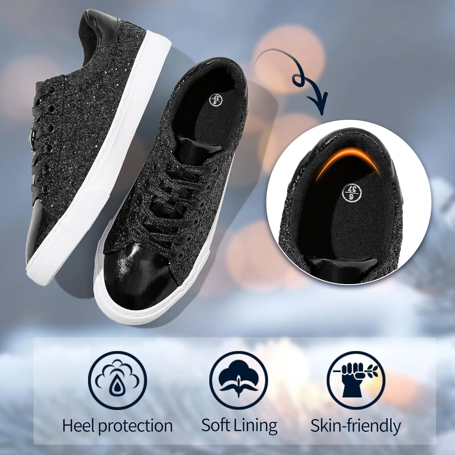 AISFAES Glitter Sneakers Sparkly Low Top Sequins Sneakers Lace Up Tennis Shoes Comfort Bling Shoes Fashion Shiny Walking Shoes