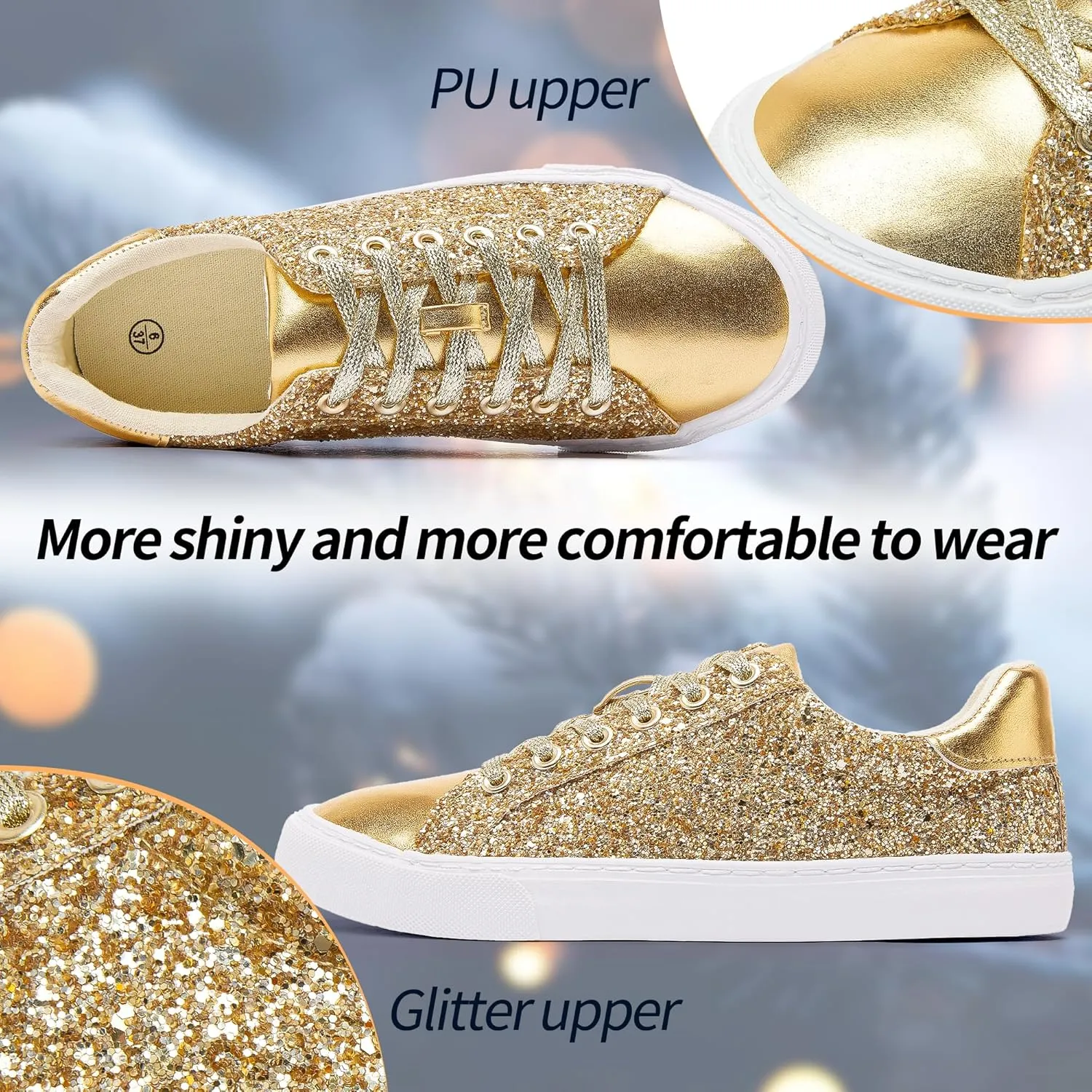 AISFAES Glitter Sneakers Sparkly Low Top Sequins Sneakers Lace Up Tennis Shoes Comfort Bling Shoes Fashion Shiny Walking Shoes