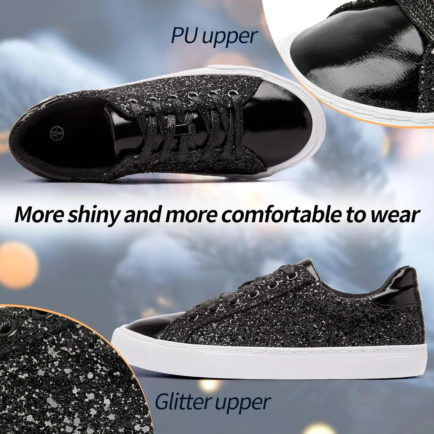 AISFAES Glitter Sneakers Sparkly Low Top Sequins Sneakers Lace Up Tennis Shoes Comfort Bling Shoes Fashion Shiny Walking Shoes