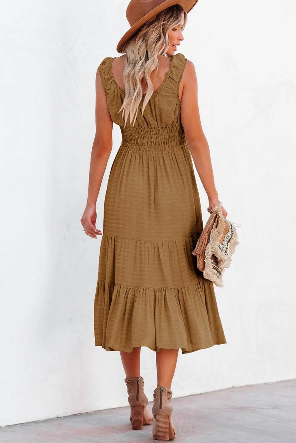 AlvaQ Women Summer Dresses Sleeveless Smocked Midi Dress High Waist Casual Tiered A Line Sundress with Pockets
