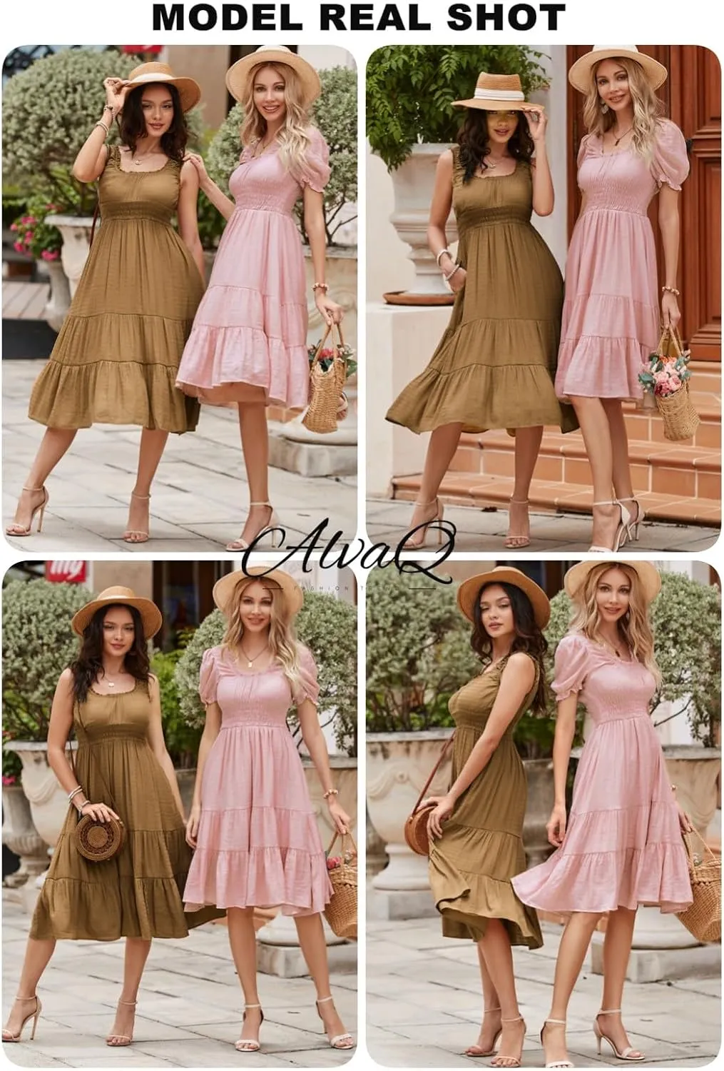 AlvaQ Women Summer Dresses Sleeveless Smocked Midi Dress High Waist Casual Tiered A Line Sundress with Pockets