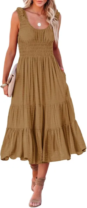 AlvaQ Women Summer Dresses Sleeveless Smocked Midi Dress High Waist Casual Tiered A Line Sundress with Pockets