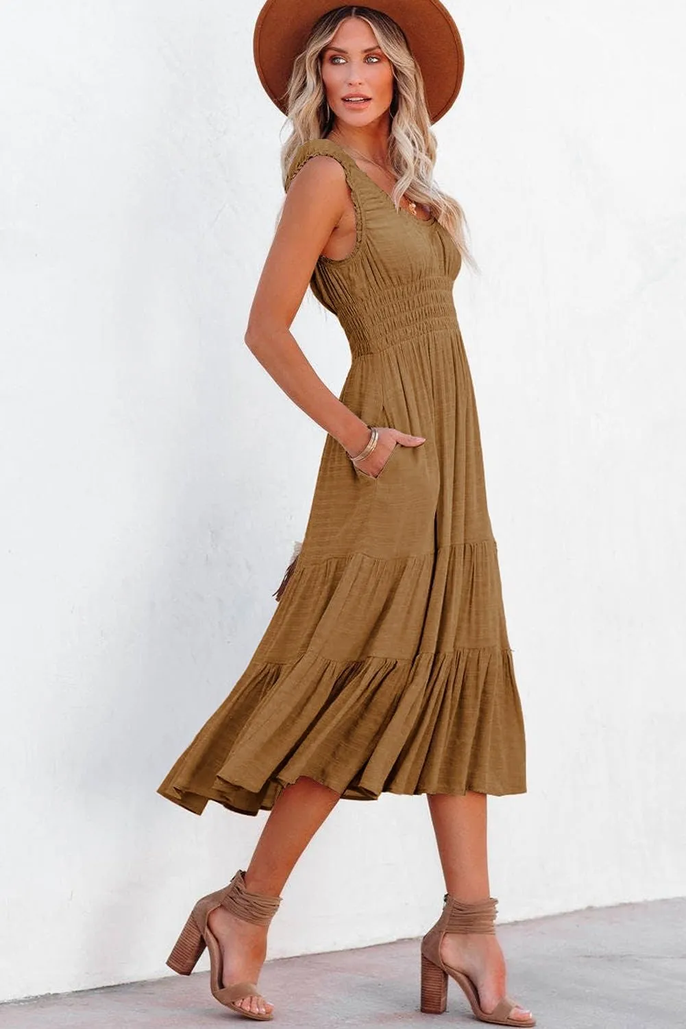 AlvaQ Women Summer Dresses Sleeveless Smocked Midi Dress High Waist Casual Tiered A Line Sundress with Pockets