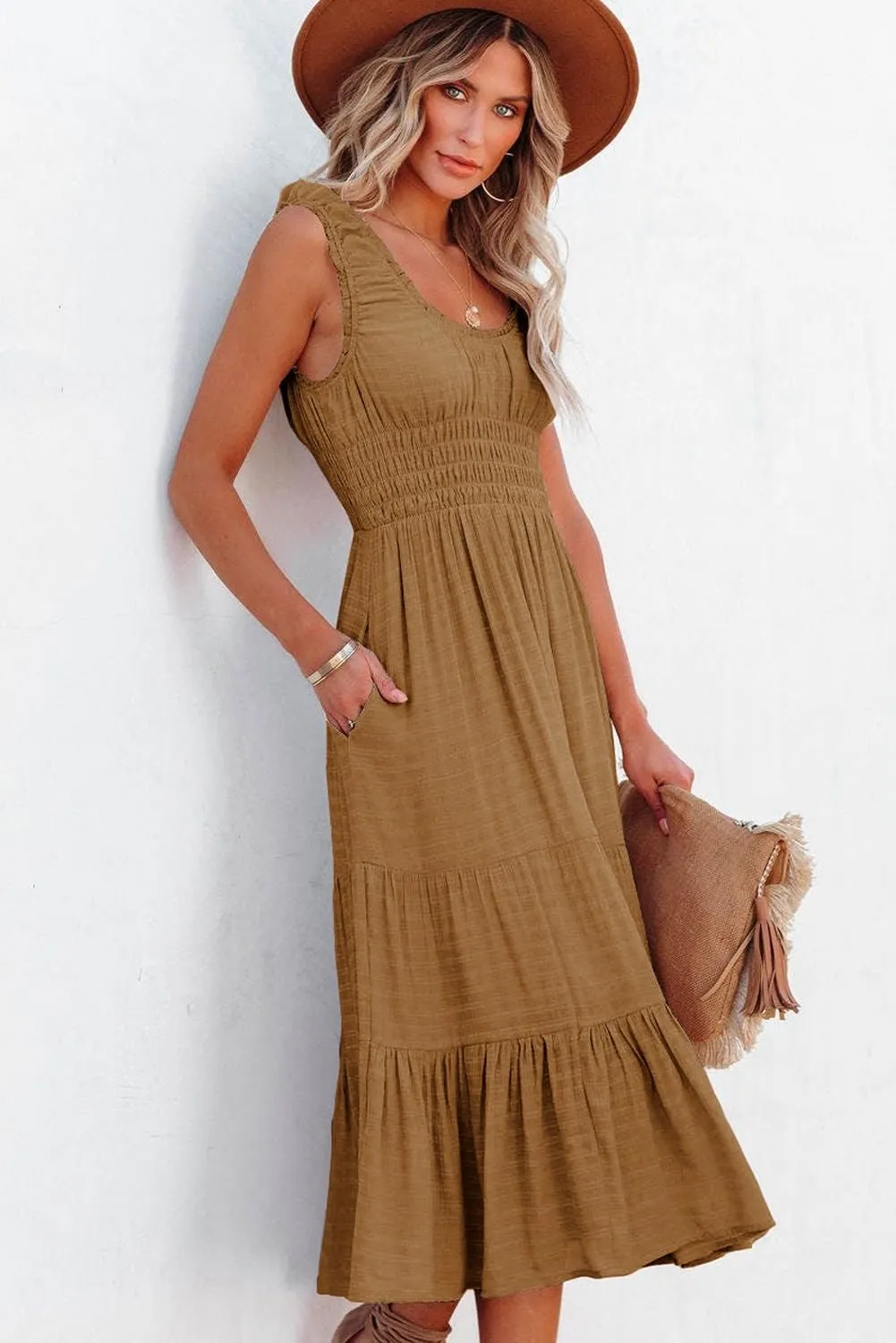 AlvaQ Women Summer Dresses Sleeveless Smocked Midi Dress High Waist Casual Tiered A Line Sundress with Pockets
