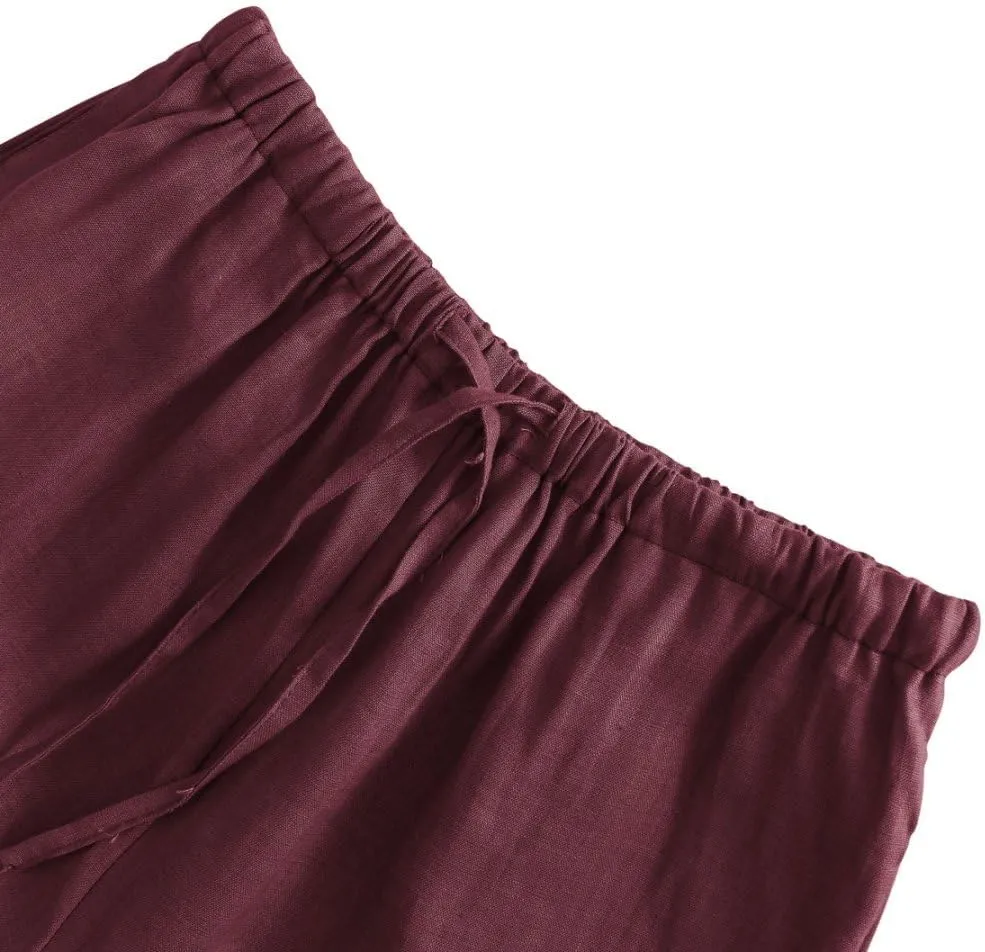 Amazhiyu Womens Pure Linen Summer Drawstring Flowy Wide Leg Pants with Pockets