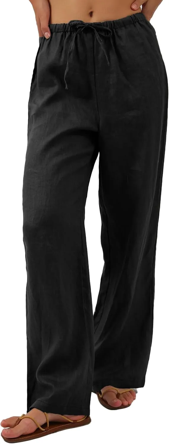 Amazhiyu Womens Pure Linen Summer Drawstring Flowy Wide Leg Pants with Pockets