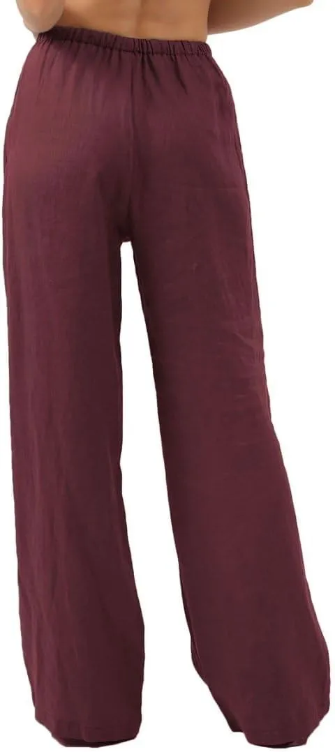 Amazhiyu Womens Pure Linen Summer Drawstring Flowy Wide Leg Pants with Pockets
