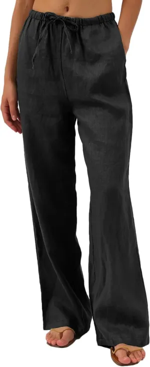 Amazhiyu Womens Pure Linen Summer Drawstring Flowy Wide Leg Pants with Pockets