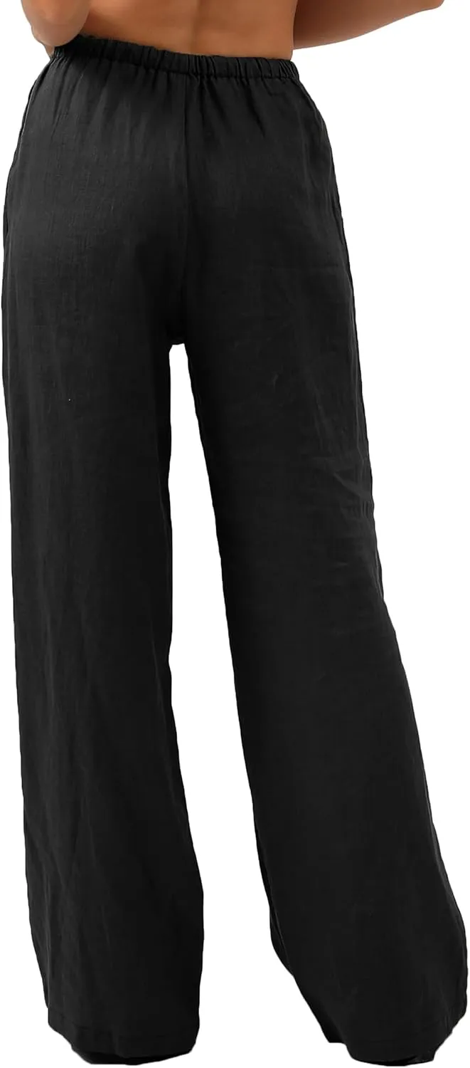 Amazhiyu Womens Pure Linen Summer Drawstring Flowy Wide Leg Pants with Pockets
