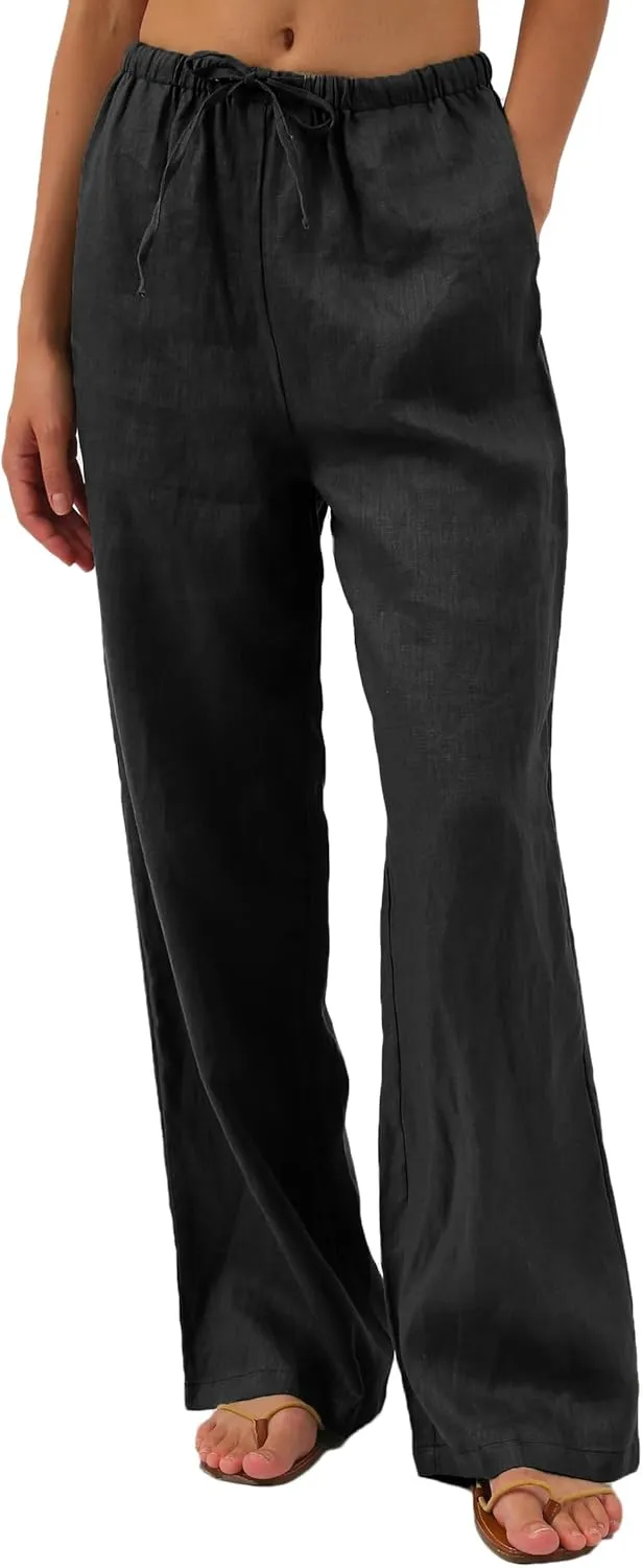 Amazhiyu Womens Pure Linen Summer Drawstring Flowy Wide Leg Pants with Pockets