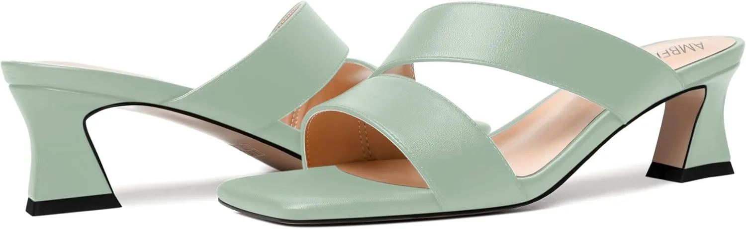 AMBELIGHT Womens Matte Casual Solid Slip On Indoor Square Toe Kitten Low Heel Heeled Sandals 2 Inch