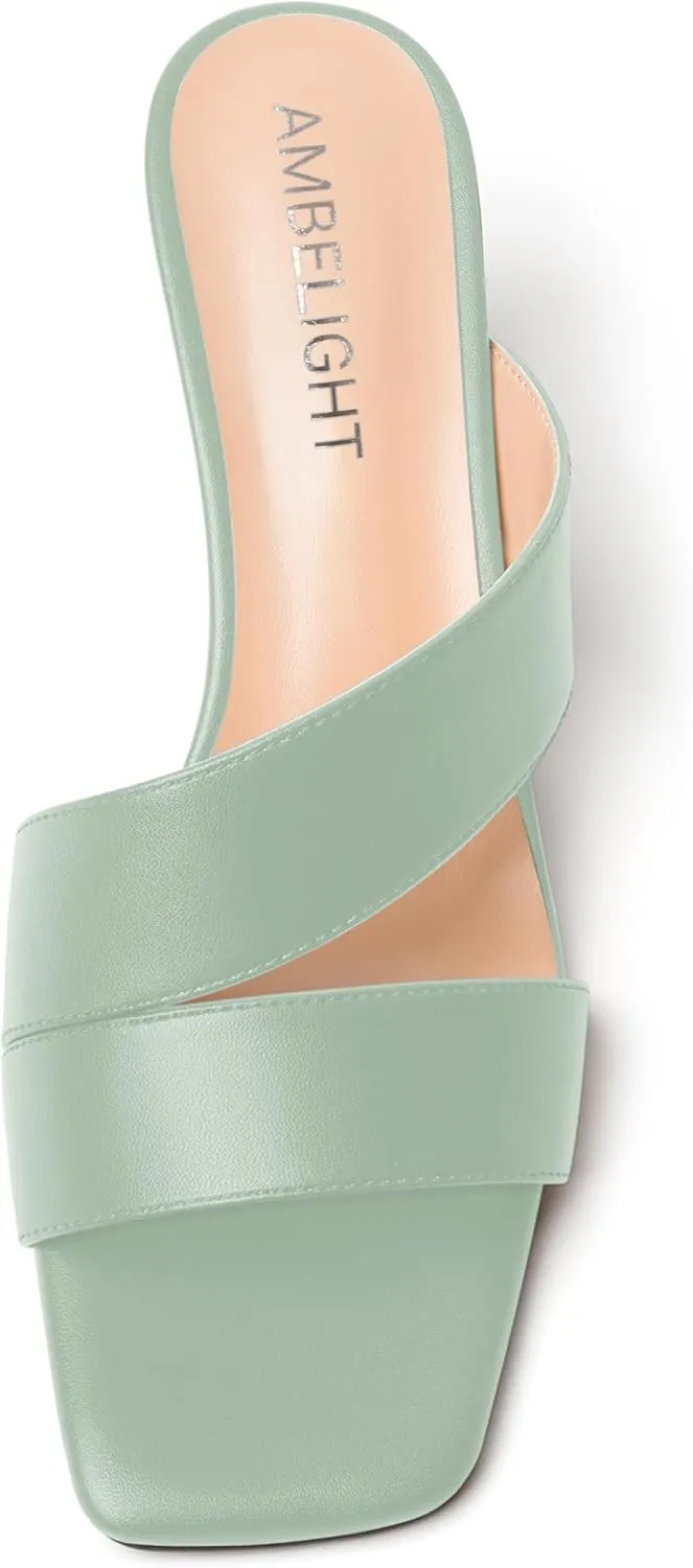 AMBELIGHT Womens Matte Casual Solid Slip On Indoor Square Toe Kitten Low Heel Heeled Sandals 2 Inch