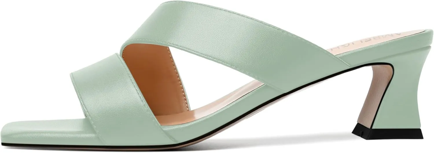 AMBELIGHT Womens Matte Casual Solid Slip On Indoor Square Toe Kitten Low Heel Heeled Sandals 2 Inch