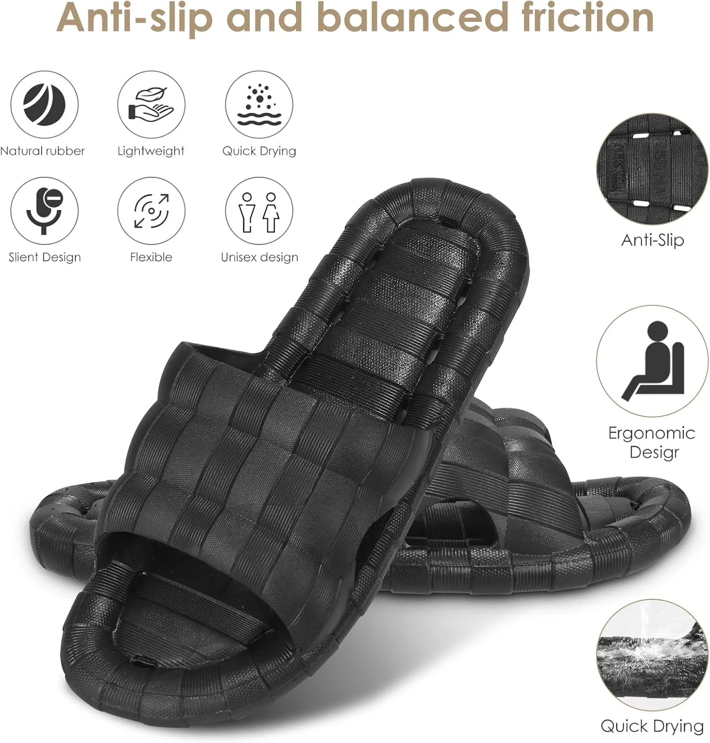 AMOUR GOODS Nature Rubber Shower Slippers for Women and Men Non-Slip Quick Drying Bathroom House Slides Beach Pool Sandals