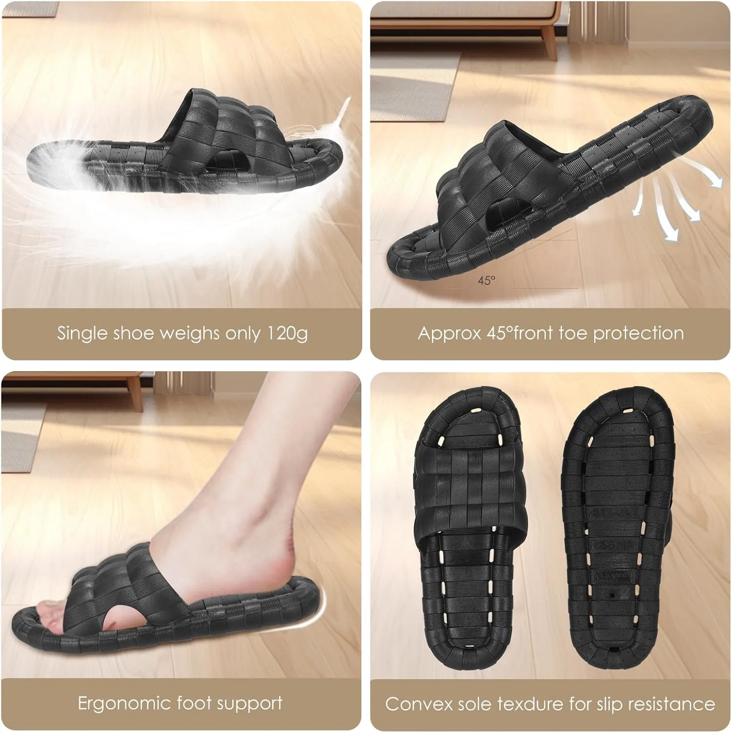 AMOUR GOODS Nature Rubber Shower Slippers for Women and Men Non-Slip Quick Drying Bathroom House Slides Beach Pool Sandals