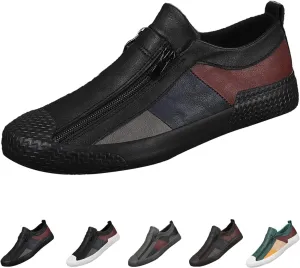 AngryMonkey Men's Low-top Colorblock Sneakers,Fashion Comfort Slip On Double Zipper Anti-Slip Flat Casual Leather Walking Loafers