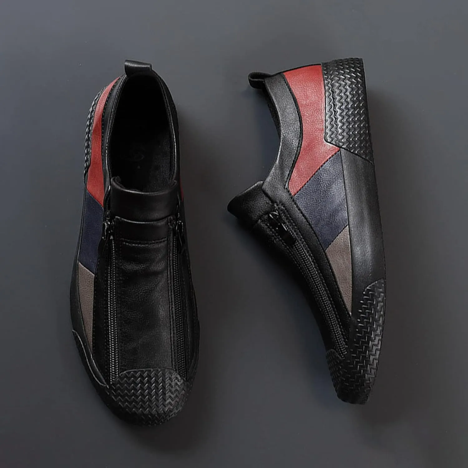 AngryMonkey Men's Low-top Colorblock Sneakers,Fashion Comfort Slip On Double Zipper Anti-Slip Flat Casual Leather Walking Loafers