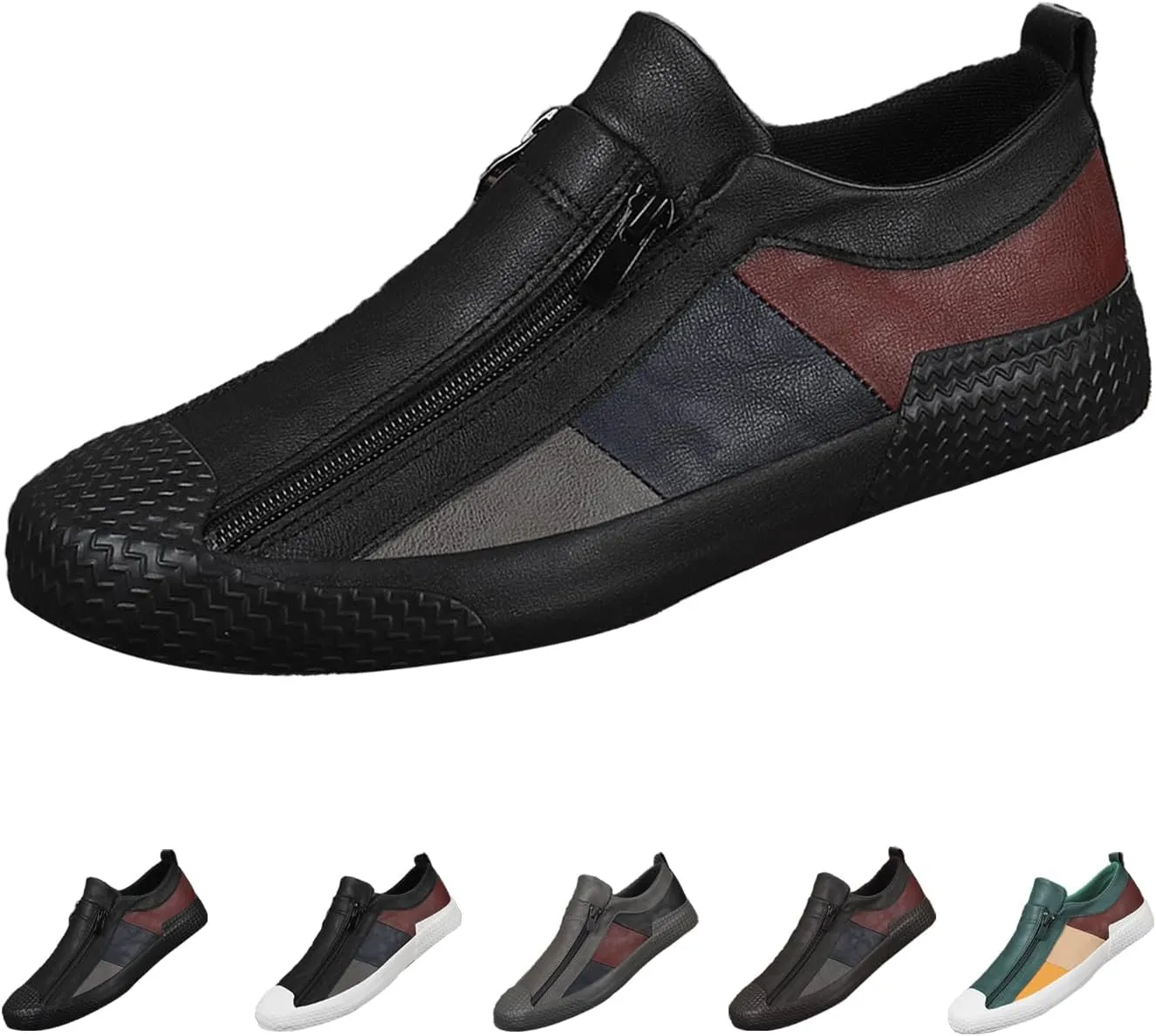 AngryMonkey Men's Low-top Colorblock Sneakers,Fashion Comfort Slip On Double Zipper Anti-Slip Flat Casual Leather Walking Loafers