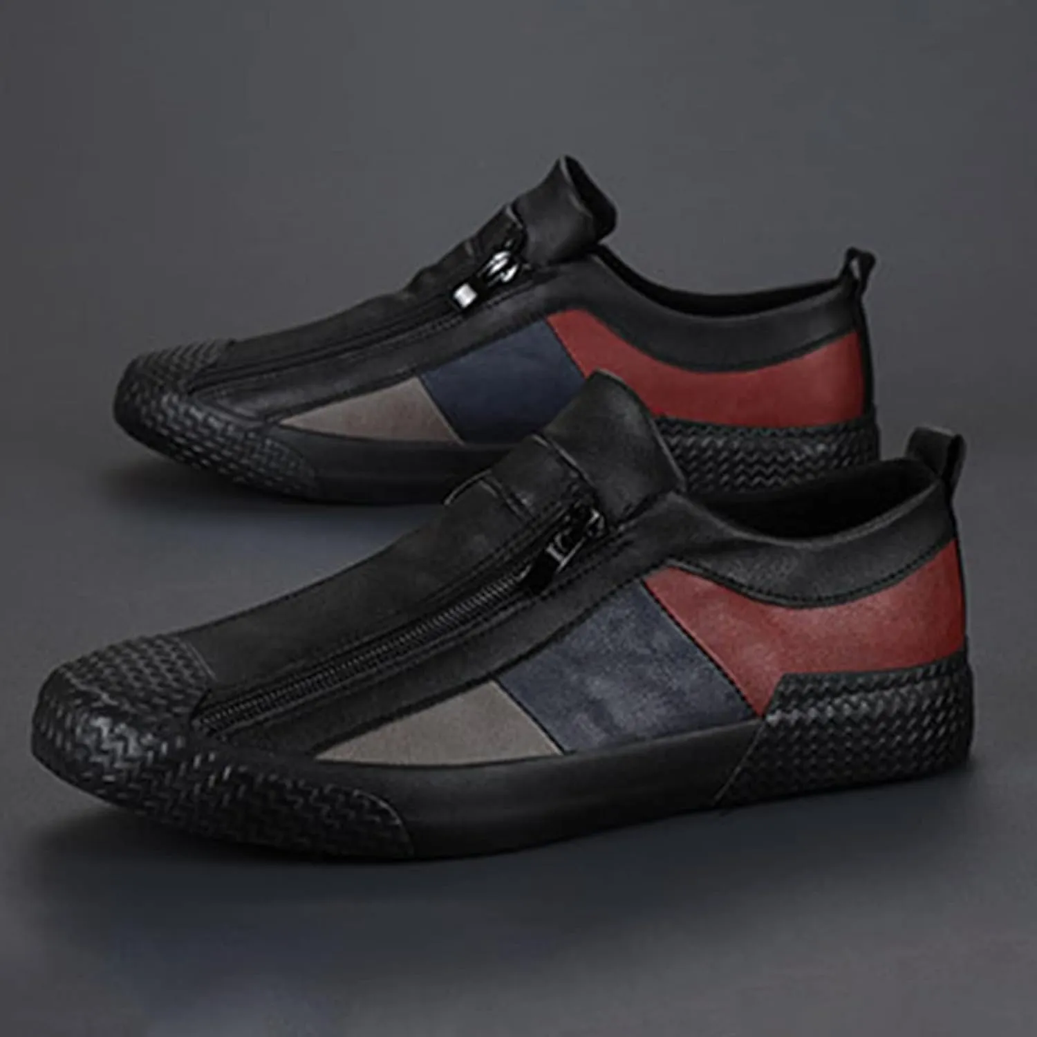AngryMonkey Men's Low-top Colorblock Sneakers,Fashion Comfort Slip On Double Zipper Anti-Slip Flat Casual Leather Walking Loafers