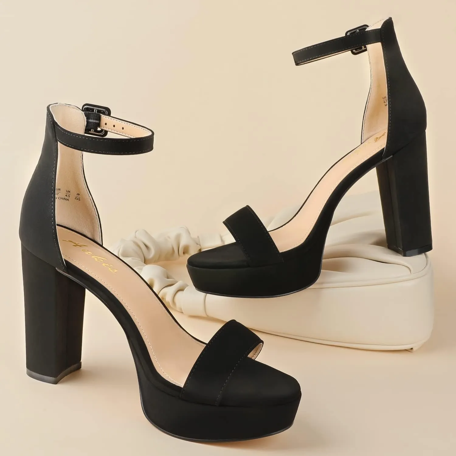 Ankis Chunky Platform Heels - 4 Inch Block Heeled Sandals for Women - Comfortable Open Toe Strappy Heels - Black, Nude, White, Silver, Gold - Summer Dress Shoes