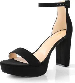 Ankis Chunky Platform Heels - 4 Inch Block Heeled Sandals for Women - Comfortable Open Toe Strappy Heels - Black, Nude, White, Silver, Gold - Summer Dress Shoes