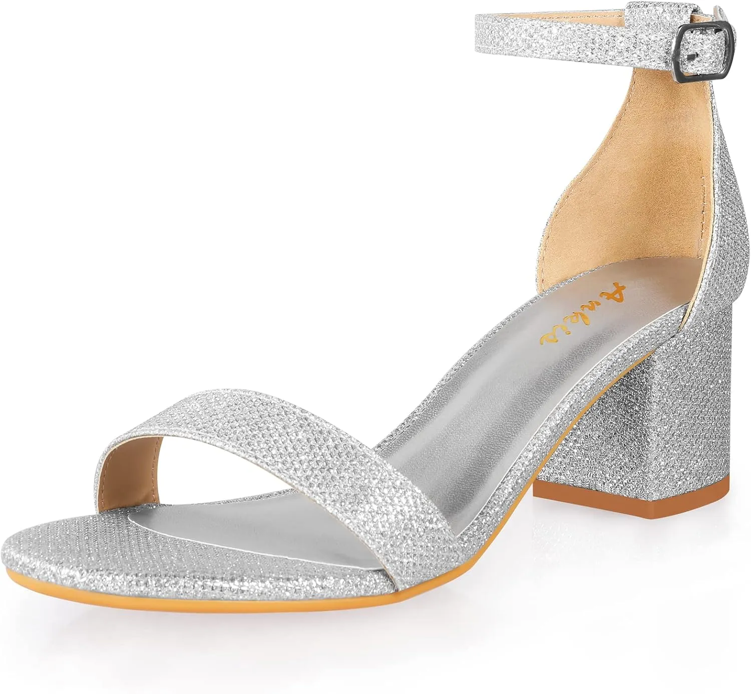 Ankis Nude Silver Black Heels Women's Open Toe Ankle Strap Block Chunky Low Heeled Sandal Comfortable Office Wedding Dress Pump Shoes Standard Size 2.25 Inches Heel Design