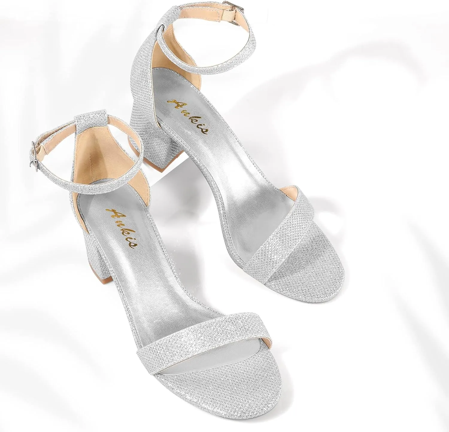 Ankis Nude Silver Black Heels Women's Open Toe Ankle Strap Block Chunky Low Heeled Sandal Comfortable Office Wedding Dress Pump Shoes Standard Size 2.25 Inches Heel Design