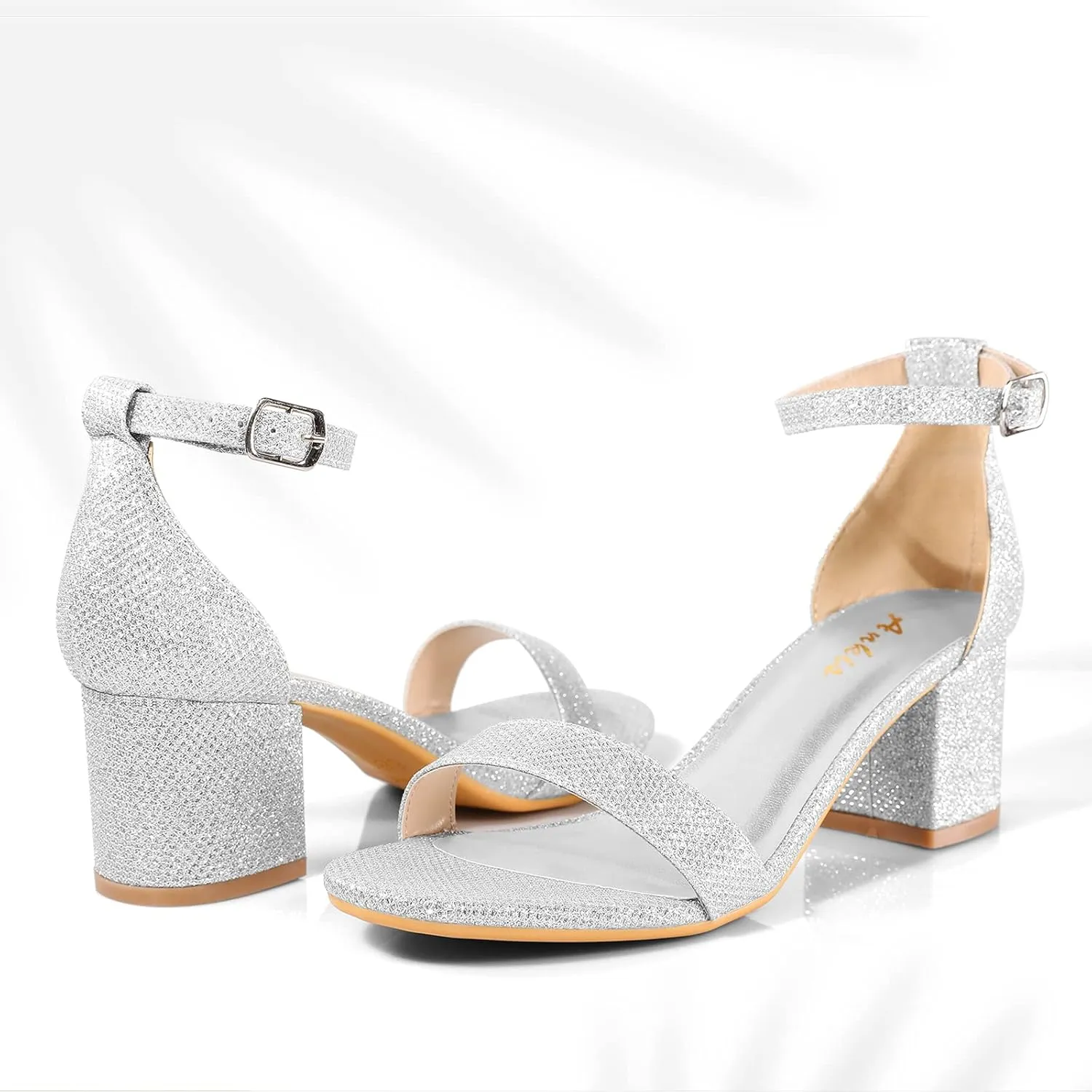 Ankis Nude Silver Black Heels Women's Open Toe Ankle Strap Block Chunky Low Heeled Sandal Comfortable Office Wedding Dress Pump Shoes Standard Size 2.25 Inches Heel Design