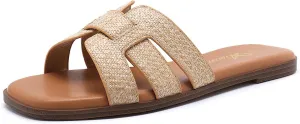 Athlefit Women's Flat Sandals Dressy Summer Square Open Toe Slip On Leather Raffia Slide Sandals Size 10