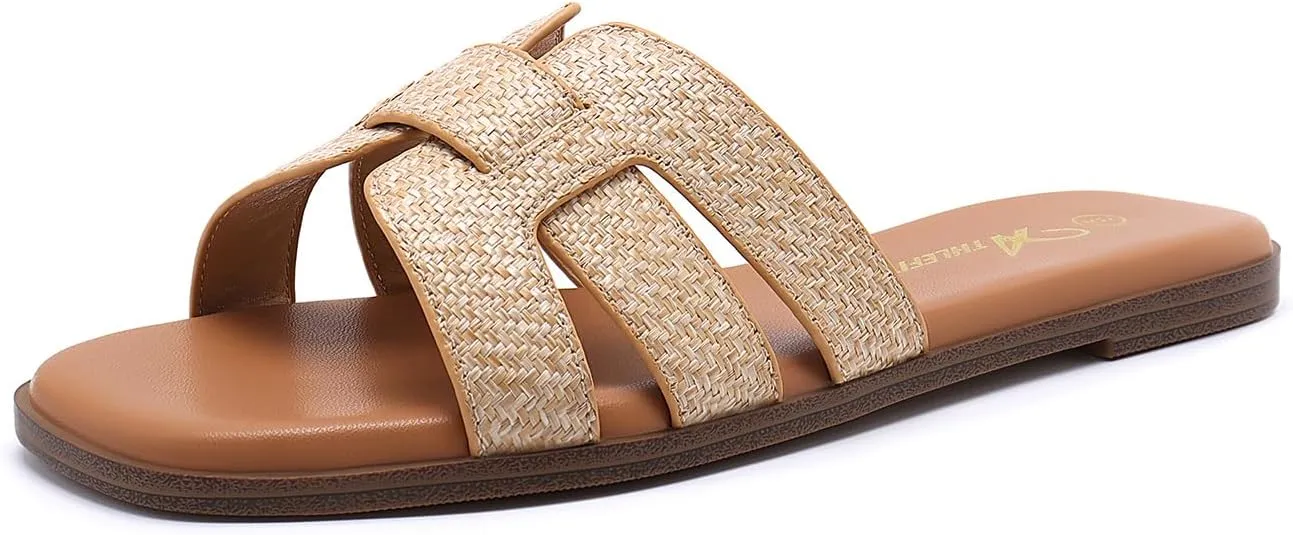 Athlefit Women's Flat Sandals Dressy Summer Square Open Toe Slip On Leather Raffia Slide Sandals Size 10