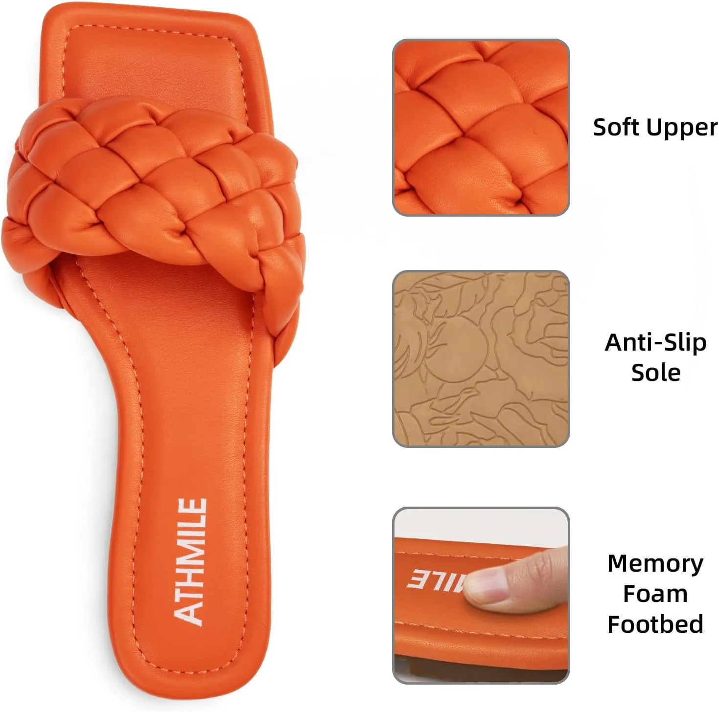ATHMILE Braided Womens Sandals Square Open Toe Fashion Slide Sandals Women Dressy Summer Flat Beach 2025 Size 6-11