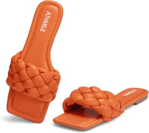 ATHMILE Braided Womens Sandals Square Open Toe Fashion Slide Sandals Women Dressy Summer Flat Beach 2025 Size 6-11