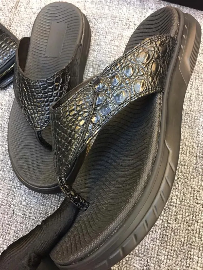 Authentic Exotic Crocodile Skin Men's Black Flip-flops Sandals Flats Genuine Real True Alligator Leather Male Leisure Slippers