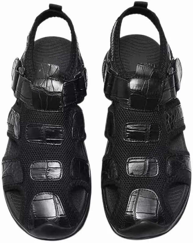 Authentic Exotic Crocodile Skin Men's Casual Black Covered-toe Sandals Genuine Real True Alligator Leather Male Leisure Flats