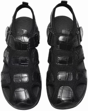 Authentic Exotic Crocodile Skin Men's Casual Black Covered-toe Sandals Genuine Real True Alligator Leather Male Leisure Flats