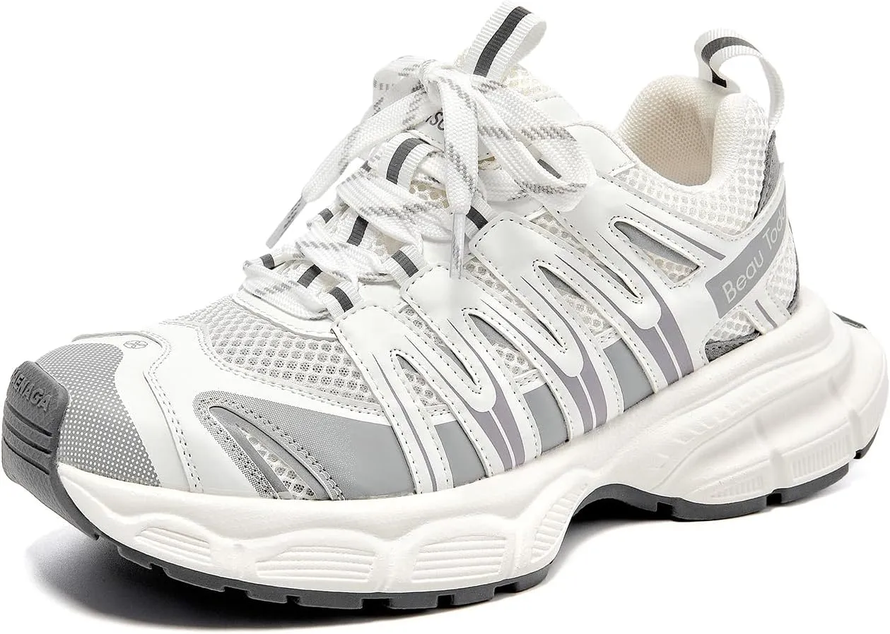 BEAU TODAY Women's Walking Shoes, Chunky Platform Fashion Sneakers for Women, Comfortable Casual Lightweight Lace-up Gym Workout Athletic Tennis Shoes