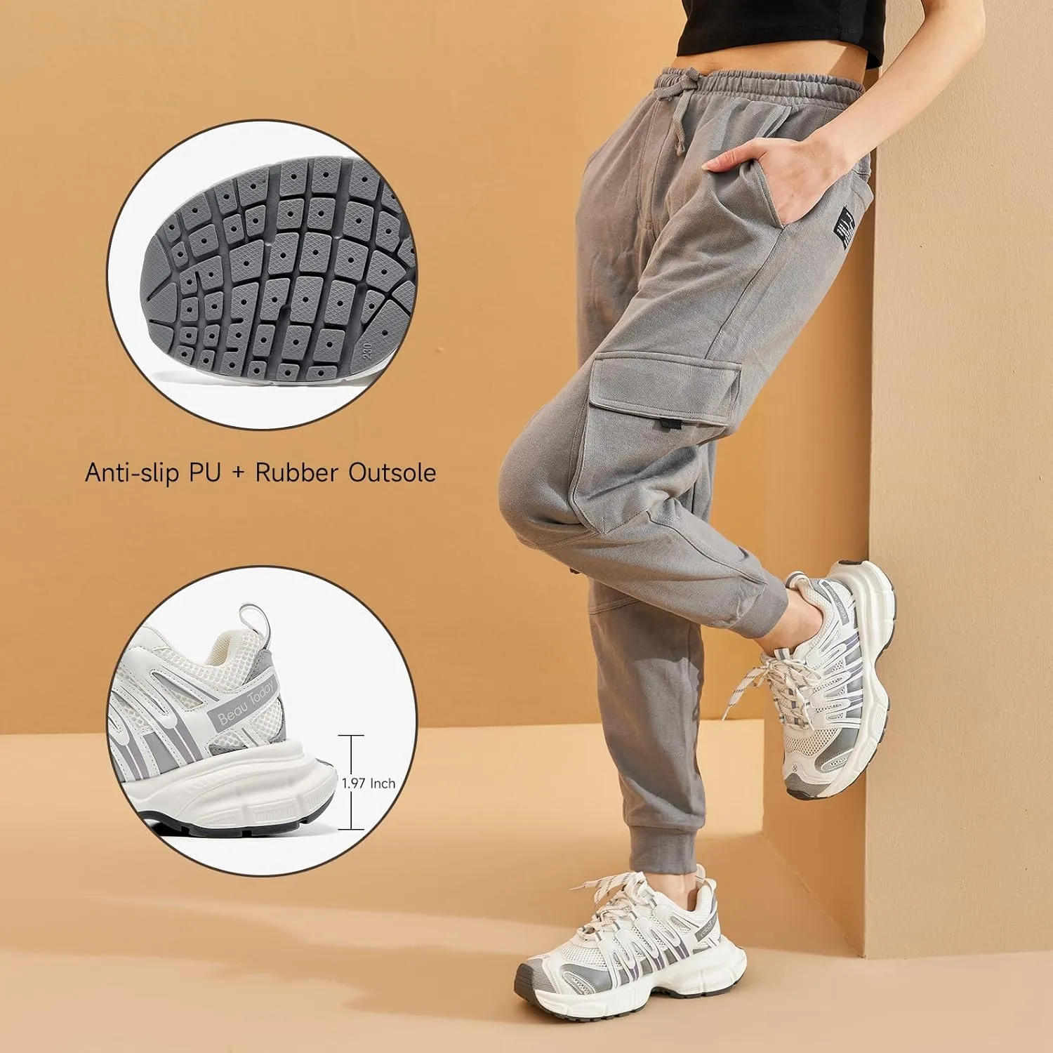 BEAU TODAY Women's Walking Shoes, Chunky Platform Fashion Sneakers for Women, Comfortable Casual Lightweight Lace-up Gym Workout Athletic Tennis Shoes