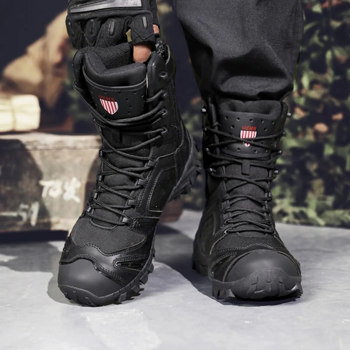Bitiger Men's Combat Boots with Side Zipper Velcro and Casual Outdoor Mountaineering Trekking Commando Tactical Boots